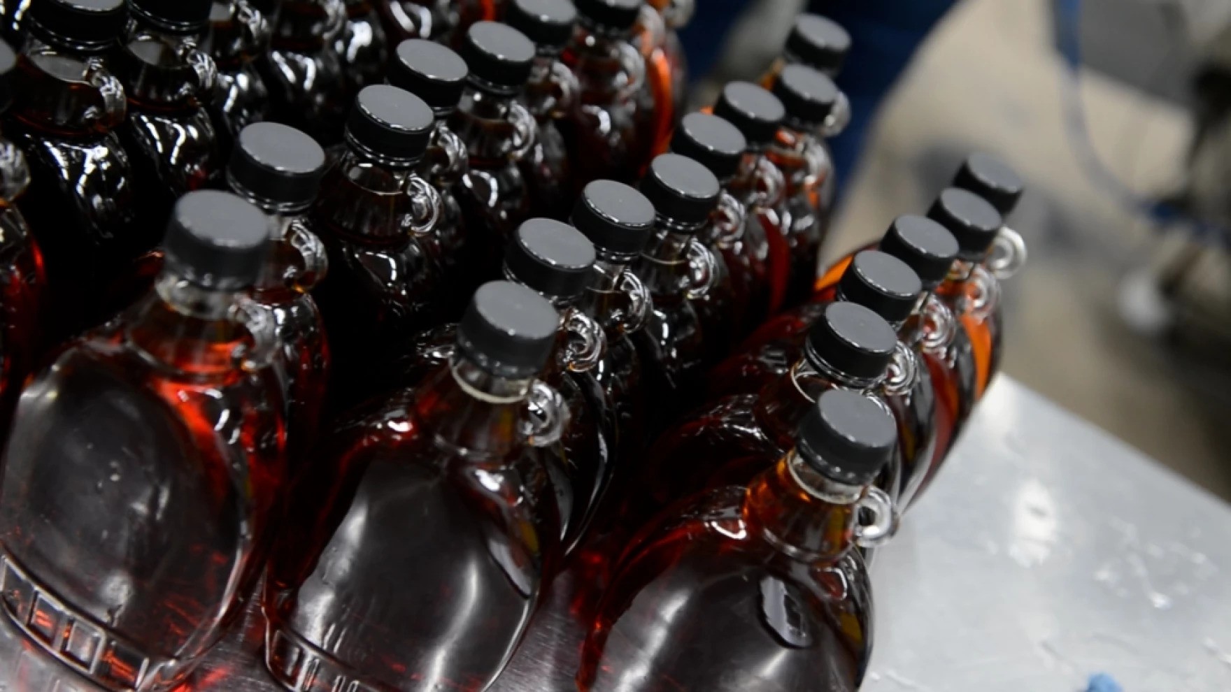 Bottles of maple syrup wait to be labeled on the production line. [Jean-Marie Papoi/ideastream]